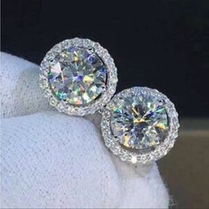 NEW Brilliant Cut Round Diamond Halo Silver Stud Earrings